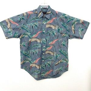 GANT White Water Chambray Short Sleeve Shirt Floral 100% Cotton Blue Size Medium